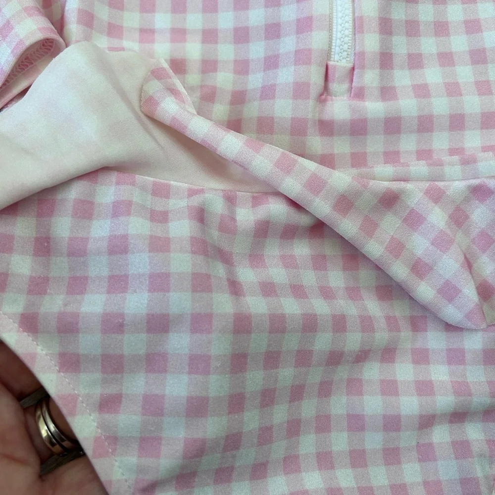 Ralph Lauren pink gingham checkered swimsuit rashguard one piece swim l #preppy